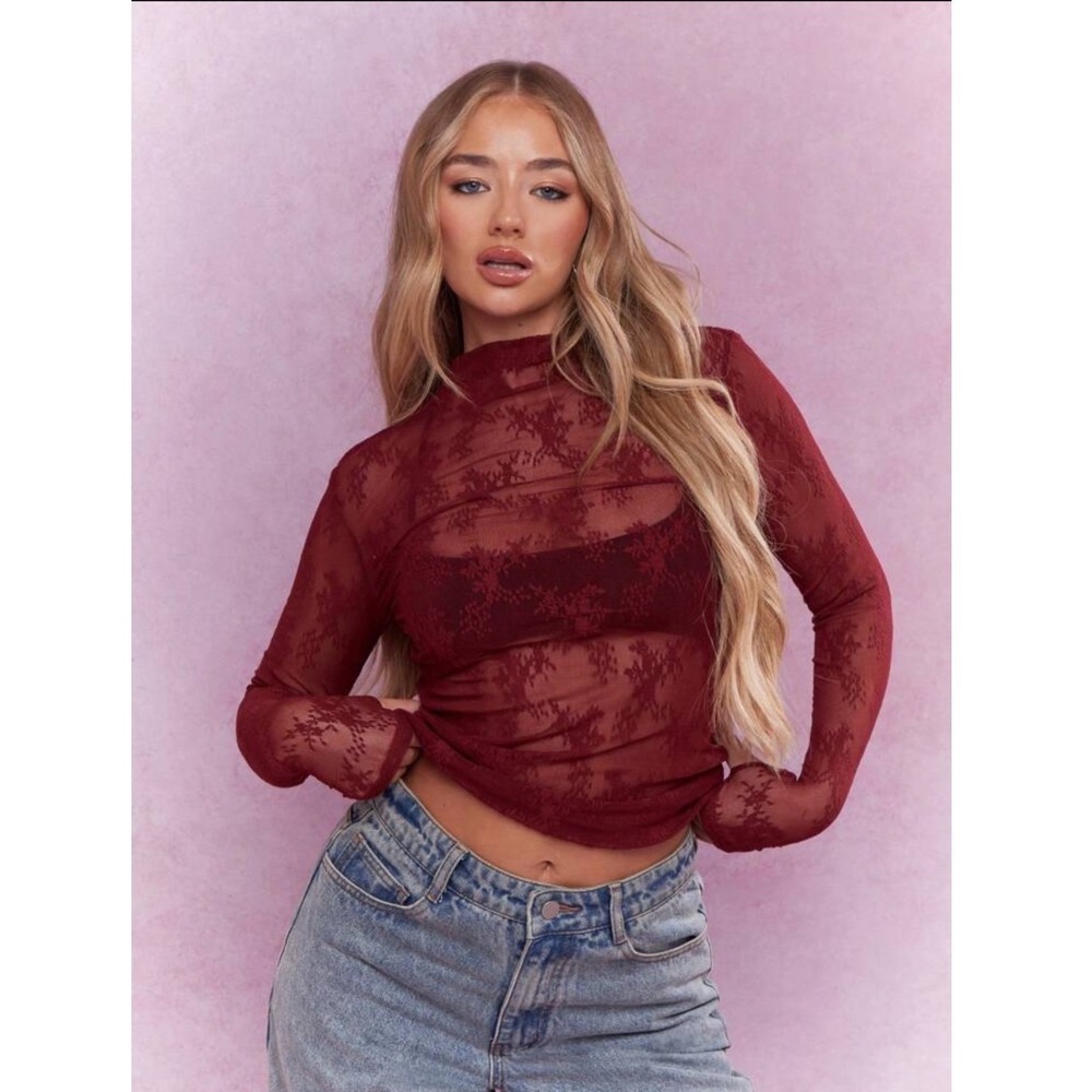 Missguided Burgundy Floral Lace Mesh Sheer Long Sleeve Top - Size M / NWT